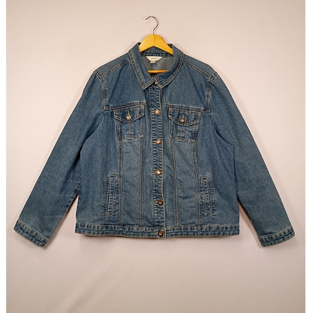 Classic CJ Banks Women 1X Blue Rhinestone Button Stretch Denim Trucker Jacket